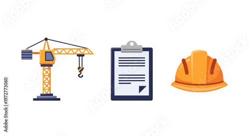 Construction tools and documents: crane, clipboard, helmet icons in flat design