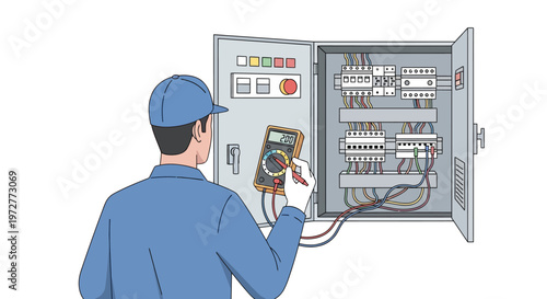 Electrician checking control panel with multimeter in technical illustration