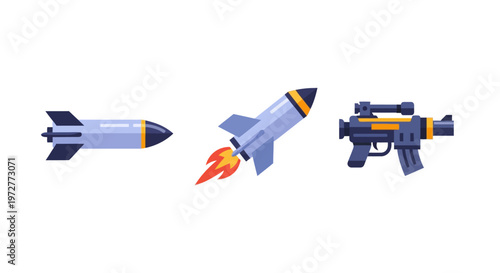 Set of flat futuristic weapon icons featuring missile, rocket, and sci fi gun