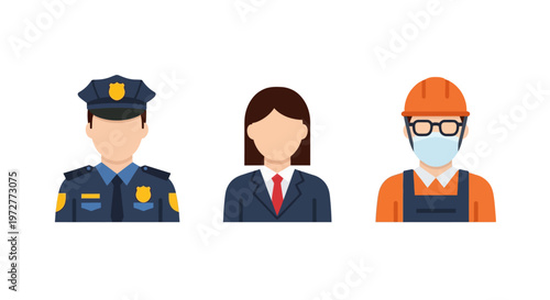 Diverse professions in flat style: police officer, businessperson, and construction worker icons