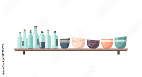 Flat design kitchen shelf with colorful bowls and glass bottles