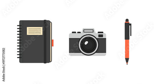Flat design of notebook, camera, and pen for creative projects