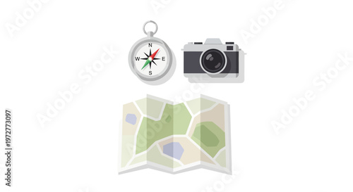 Travel essentials in flat design with camera compass and map