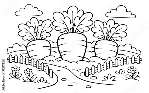 Whimsical cartoon of giant carrots growing in a garden with a fence and flowers