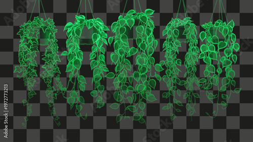 Glowing green hanging plants isolated on transparent background leafy home decor element