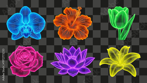 Glowing neon flowers set isolated on transparent background vibrant light effect plants