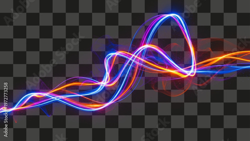Abstract glowing light trails flowing on transparent background energetic modern design