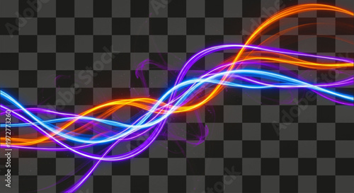 Dynamic glowing blue orange purple lines isolated on transparent background energetic design