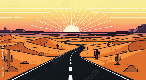 Road passing through a desert. Road landscape. Sunset view. Desert landscape. Vector illustration.