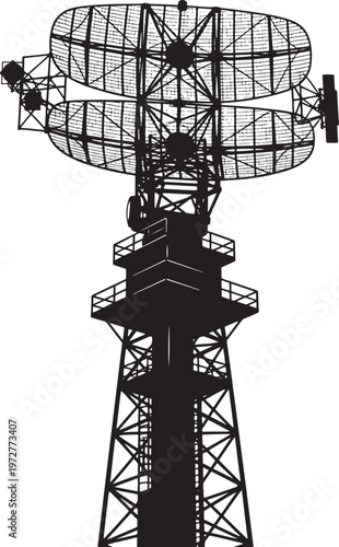 Silhouette of a large radar tower with multiple dishes against a white background with air traffic control
