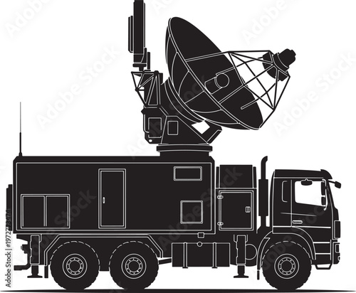 Silhouette of a mobile radar system mounted on a heavy-duty truck against a white background with van life with van conversion with van rental