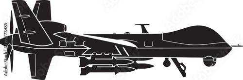 Silhouette of a military drone with missiles, in flight against a white background, aerial vehicle, surveillance aircraft, surveillance technology