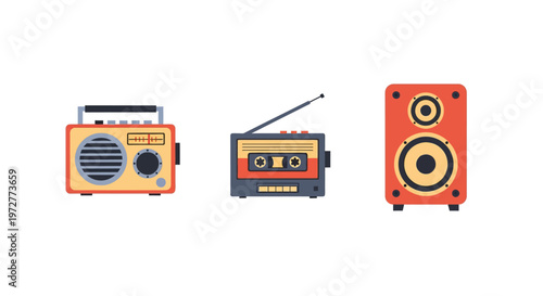 Retro audio devices with vintage radios and speaker in flat design