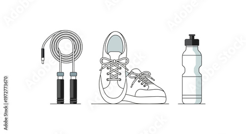 Fitness gear essentials: jump rope, sneakers, and water bottle in minimalist line art