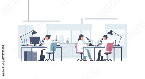 Modern laboratory workspace with scientists using microscopes and computers