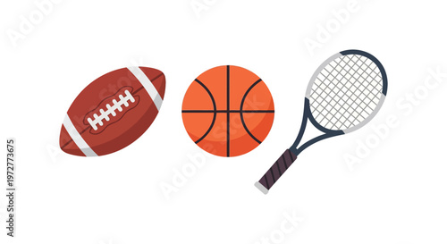 Flat design sports equipment with rugby ball, basketball, and tennis racket