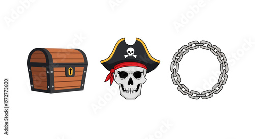Pirate theme icons with treasure chest, skull, and chain
