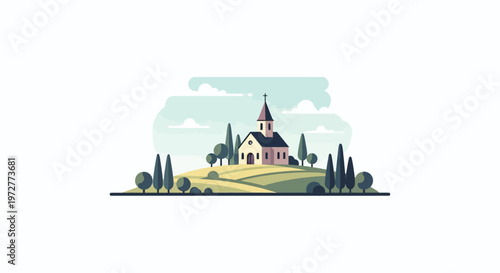 Charming flat rural church landscape with rolling hills and trees