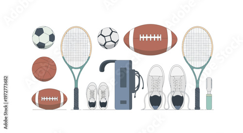 Sports equipment collection with tennis, football, basketball essentials in minimalist design