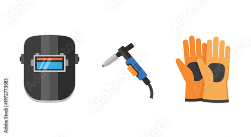Essential welding tools: helmet, torch, and gloves in flat design