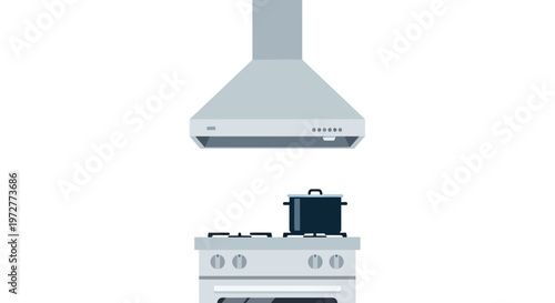 Modern kitchen range with vent hood and cooking pot in simple flat design