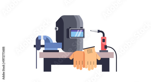 Industrial workshop tools: welding mask and equipment on workbench in flat design