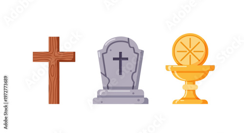 Christian symbols:  cross, tombstone, and chalice in flat style