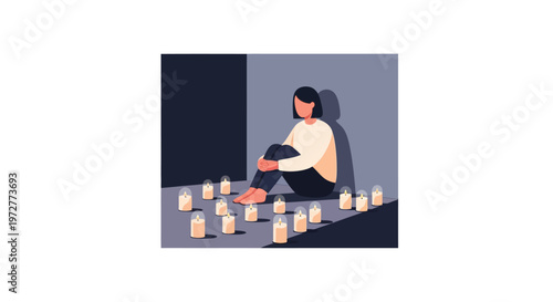 Contemplative woman surrounded by candlelight in minimalist design