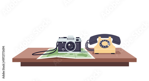 Retro desk scene with vintage camera and telephone on wooden surface