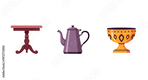 Vintage collection: rustic table, classic teapot, ornate chalice