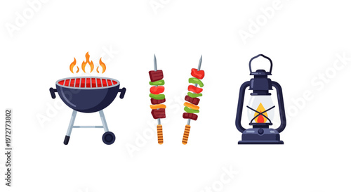 Barbecue grill, skewers, and lantern: perfect outdoor cooking elements