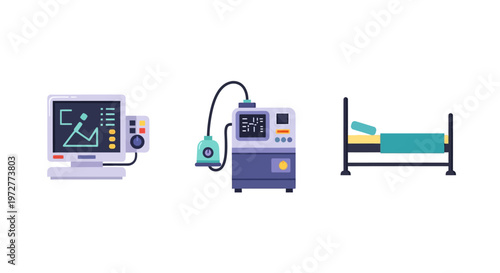 Medical equipment icons featuring monitors, ventilators, and hospital beds in a flat design