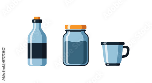 Modern flat design bottles and mugs in minimalist style