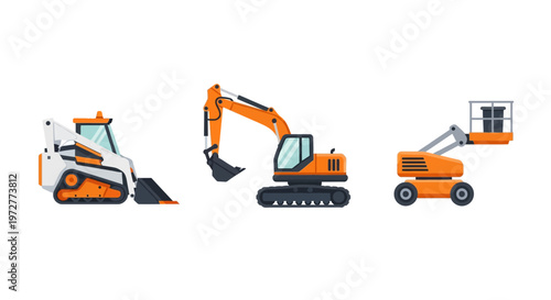 Construction machinery set: bulldozer, excavator, crane on white background