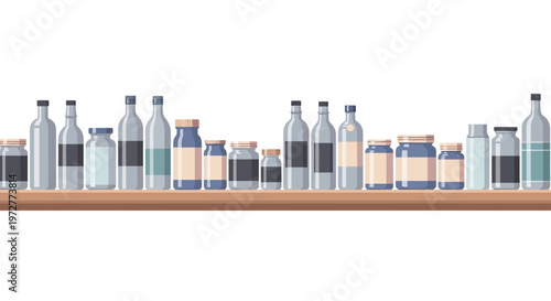 Diverse array of glass bottles on wooden shelf