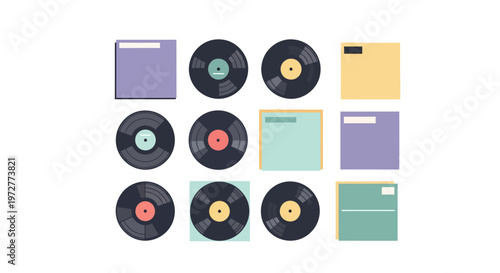 Retro vinyl records collection with minimalist album covers in flat design style