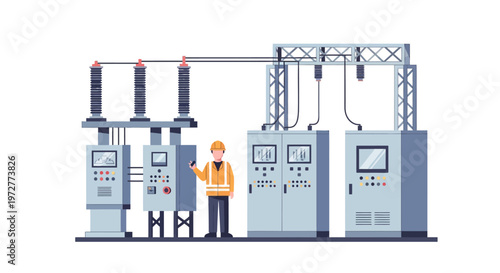 Industrial engineer monitoring power plant equipment in flat design