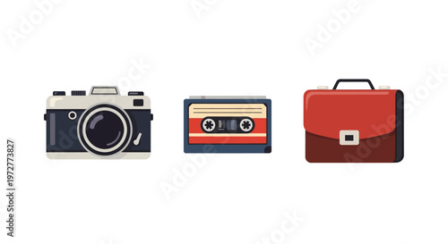 Retro icons set: vintage camera, cassette tape, and briefcase on white background