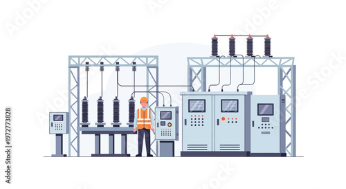 Modern industrial electrical substation with engineer and control panels