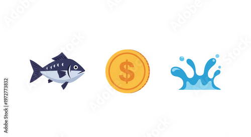 Fish, coin, and splash: trio of flat icons with an economic theme
