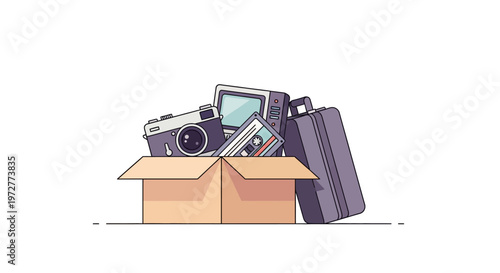 Nostalgic collection of vintage electronics in open box