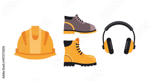 Safety gear icons: helmet, boots, headphones for construction and industrial protection