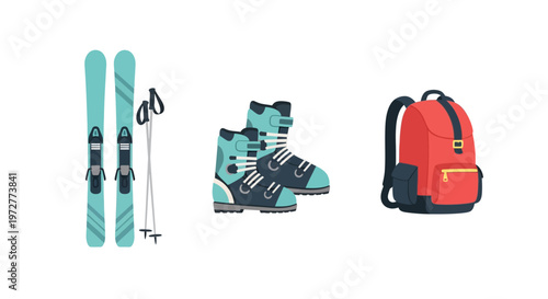 Winter sports gear set with skis, boots, and backpack