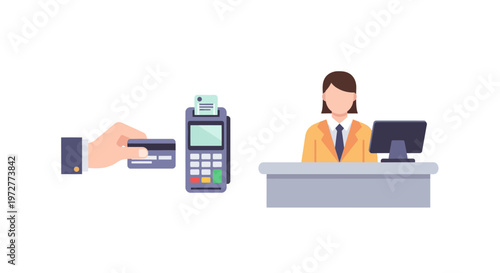 Digital payment at checkout counter with cashier and card reader