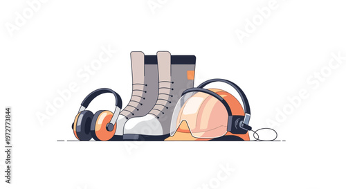 Essential work safety gear: boots, headphones, goggles, and helmet in modern flat design