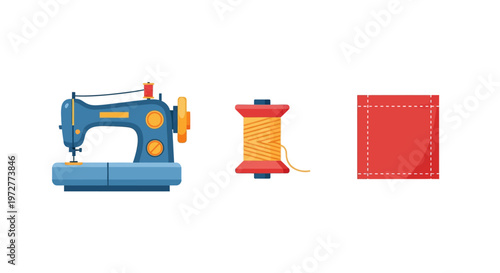 Colorful sewing machine with thread spool and fabric patch on white background