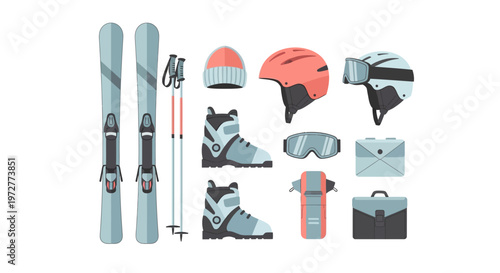 Winter sports equipment set featuring skis, snowboards, and safety gear in a modern flat design