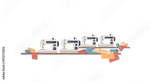 Sewing machines with colorful fabric rolls on wooden shelf