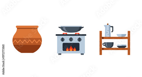 Retro kitchen icons featuring pottery, stove, and shelving in flat design