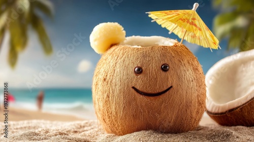 Cheerful Coconut Drink with Tiny Umbrella on a Beach Backdrop
